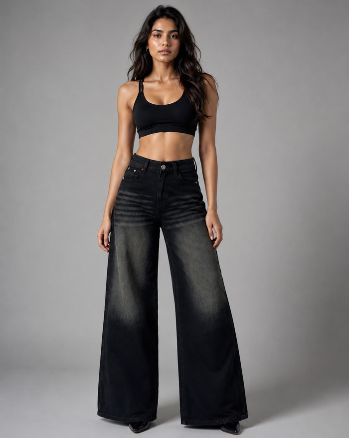 Black flame wide leg denim’s